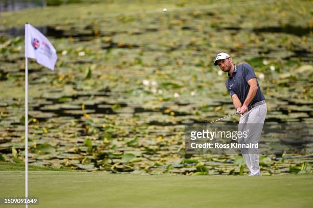 Maximilian Kieffer of Germany plays a chip shot at the edge of the 9th green during Day Four of the Betfred British Masters hosted by Sir Nick Faldo...