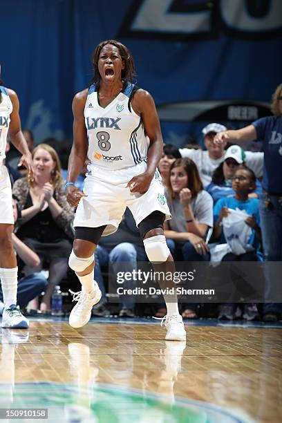 Taj McWilliams-Franklin of the Minnesota Lynx reacts after a play during the WNBA game against the San Antonio Silver Stars on August 28, 2012 at...