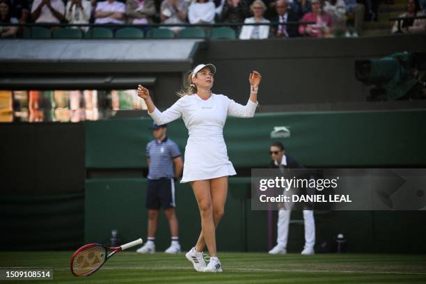 Croatia's Donna Vekic reacts after winning against US player Sloane Stephens during their women's singles tennis match on the fourth day of the 2023...