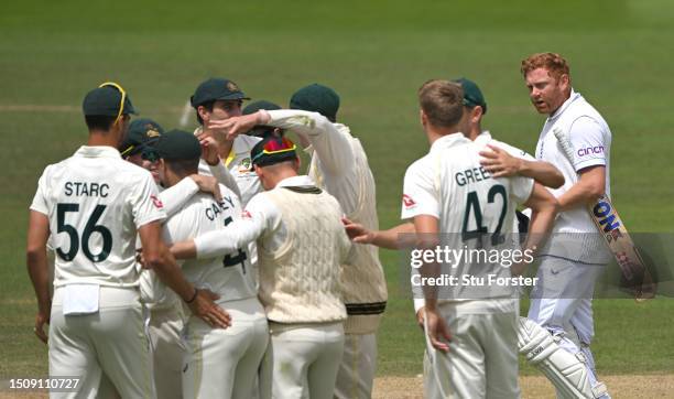 England batsman Jonny Bairstow looks on as Australia fielders celebrate after being given run out during the 5th day of the LV=Insurance Ashes Test...