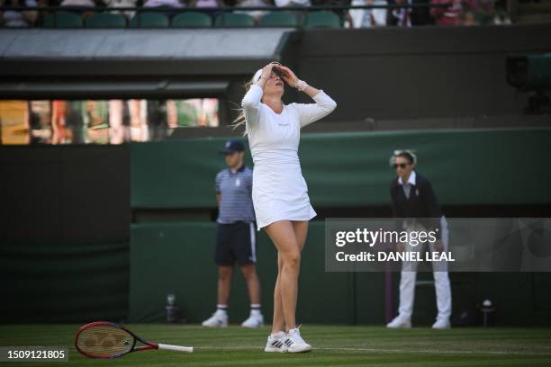 Croatia's Donna Vekic reacts after winning against US player Sloane Stephens during their women's singles tennis match on the fourth day of the 2023...