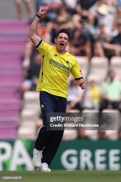 John Turner of Hampshire celebrates taking the wicket of Miles Hammond of Gloucester during the Vitality Blast T20 match between Hampshire Hawks and...