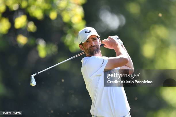 Lee Slattery of England plays his first shot on the 2nd hole during Day One of the Italian Challenge Open at Golf Nazionale on July 6, 2023 in...