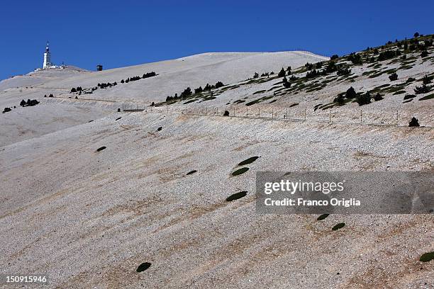 View of the summit of Mont Ventoux on August 17, 2012 in Mont Ventoux - Carpentras, France. Mont Ventoux is a mountain in the Provence region of...