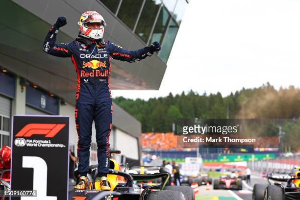 Race winner Max Verstappen of the Netherlands and Oracle Red Bull Racing celebrates in parc ferme during the F1 Grand Prix of Austria at Red Bull...