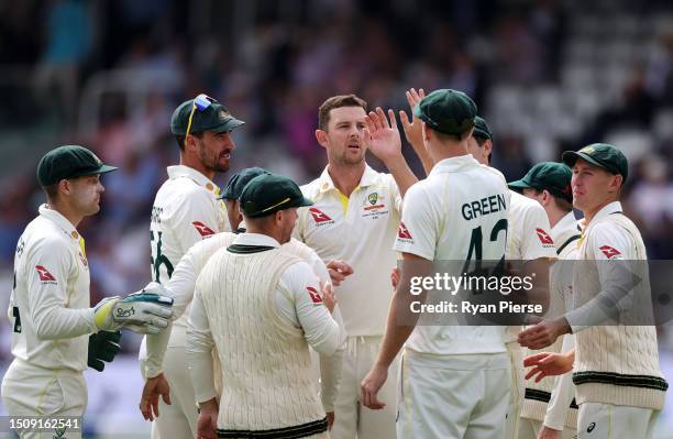 Josh Hazlewood of Australia celebrates with teammates after dismissing Stuart Broad of England during Day Five of the LV= Insurance Ashes 2nd Test...