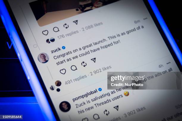 Mark Zuckerberg messages are seen on the Instagram Threads app in this photo illustration on 06 July, 2023 in Warsaw, Poland.