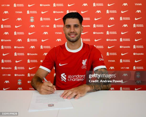 Dominik Szoboszlai new signing for Liverpool at AXA Training Centre on July 02, 2023 in Kirkby, England.