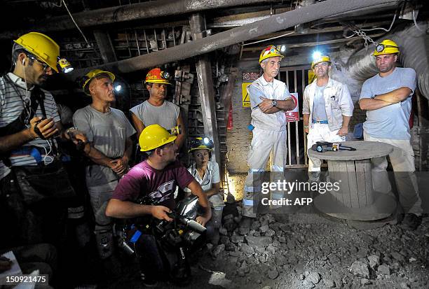 Coal mine workers of Carbosulcis di Nuraxi Figus coal mine give a press conference inside the mine they barricaded themselves to protest against the...
