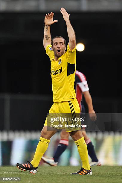 Federico Higuain of the Columbus Crew celebrates a goal against the New England Revolution on August 25, 2012 at Crew Stadium in Columbus, Ohio.