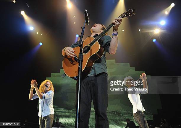 DeAndre Brackensick, Phillip Phillips and Colton Dixon during the American Idol Live! tour at the Prudential Center on August 28, 2012 in Newark, New...