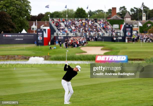 Daniel Hillier of New Zealand plays his second shot on the 18th hole during Day Four of the Betfred British Masters hosted by Sir Nick Faldo 2023 at...