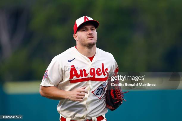 Mike Trout of the Los Angeles Angels at Angel Stadium of Anaheim on July 01, 2023 in Anaheim, California.