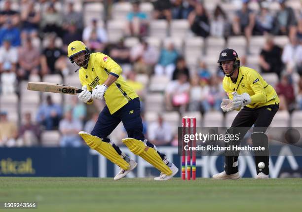 James Vince of Hampshire bats during the Vitality Blast T20 match between Hampshire Hawks and Gloucestershire at the Ageas Bowl on July 02, 2023 in...