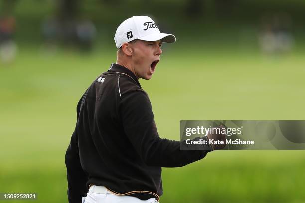 Daniel Hillier of New Zealand celebrates after putting on the 18th green during Day Four of the Betfred British Masters hosted by Sir Nick Faldo 2023...