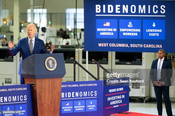 President Joe Biden speaks about his economic plan at the Flex LTD manufacturing plant on July 6, 2023 in West Columbia, South Carolina. The...