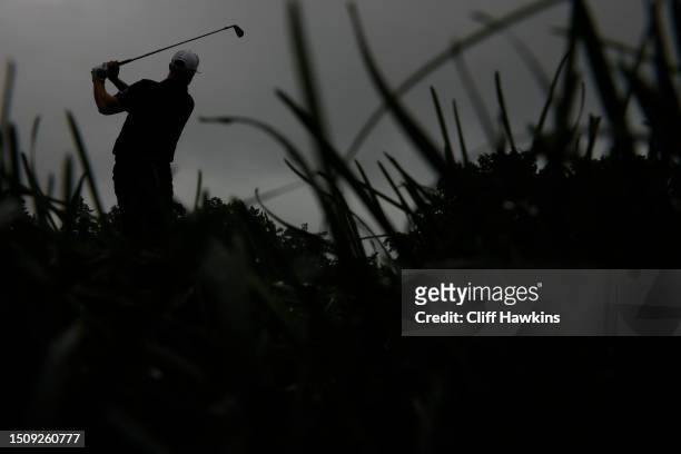 Taylor Pendrith of Canada plays his shot from the eighth tee during the final round of the Rocket Mortgage Classic at Detroit Golf Club on July 02,...