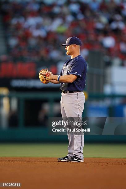 Brooks Conrad of the Tampa Bay Rays looks on during the game against the Los Angeles Angels of Anaheim on July 28, 2012 at Angel Stadium in Anaheim,...