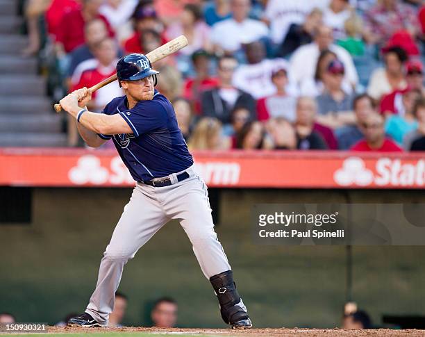 Brooks Conrad of the Tampa Bay Rays bats during the game against the Los Angeles Angels of Anaheim on July 28, 2012 at Angel Stadium in Anaheim,...