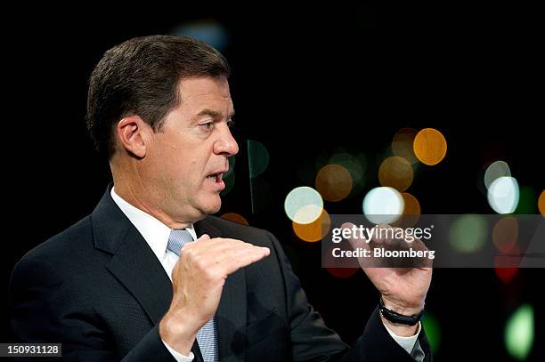 Sam Brownback, governor of Kansas, speaks during a Bloomberg Television interview inside the Bloomberg Link during the Republican National Convention...