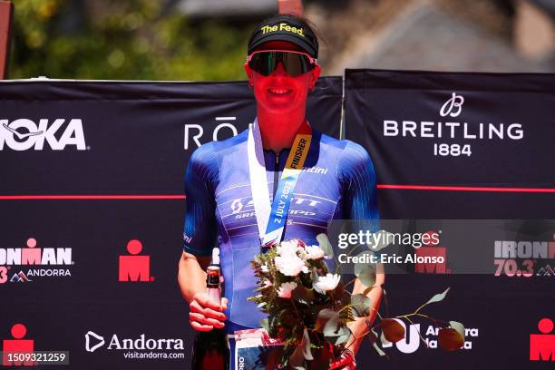 Ashleigh Gentle of Australia celebrates winning the women's IRONMAN 70.3 Andorra on July 02, 2023 in Andorra la Vella, Andorra.