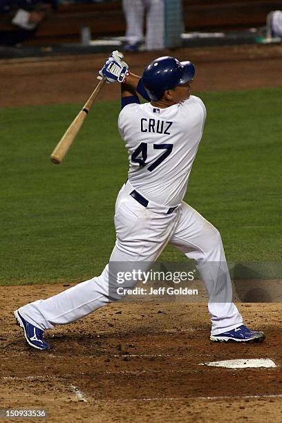 Luis Cruz of the Los Angeles Dodgers fouls off the first pitch of his at-bat against the San Francisco Giants in the fifth inning at Dodger Stadium...