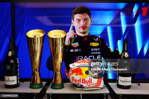 The race winners trophy of Max Verstappen of the Netherlands and Oracle Red Bull Racing is seen in the garage after the F1 Grand Prix of Austria at...