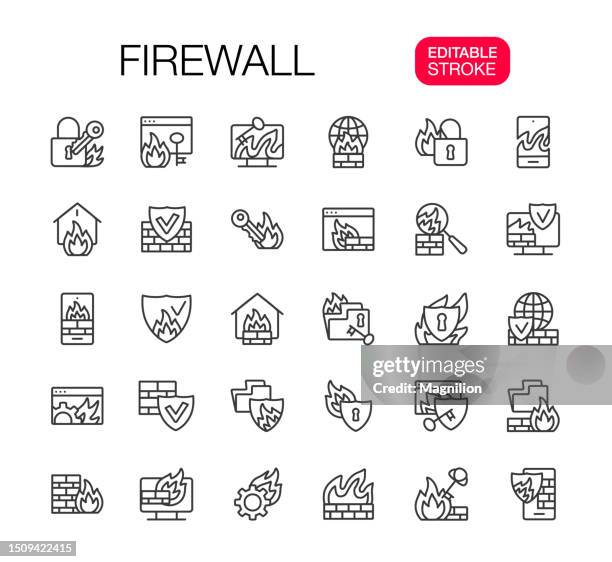 firewall line icons set editable stroke - ransomware attack stock illustrations