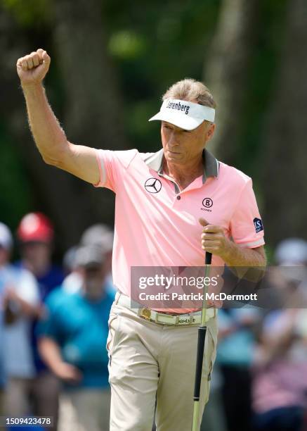 Bernhard Langer of Germany reacts after a birdie on the second green during the final round of the U.S. Senior Open Championship at SentryWorld on...