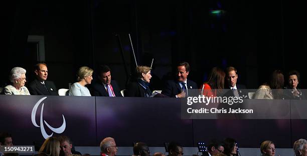 Queen Elizabeth II, Prince Edward, Earl of Wessex, Sophie, Countess of Wessex, LOCOG chairman Lord Sebastian Coe and wife Carole Annett, British...