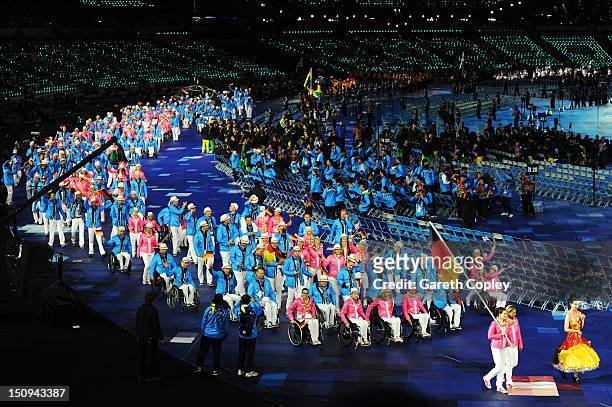 Swimmer Daniela Schulte of Germany carries the flag during the Opening Ceremony of the London 2012 Paralympics at the Olympic Stadium on August 29,...