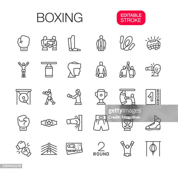 boxing line icons set editierbarer strich - punching bag stock-grafiken, -clipart, -cartoons und -symbole