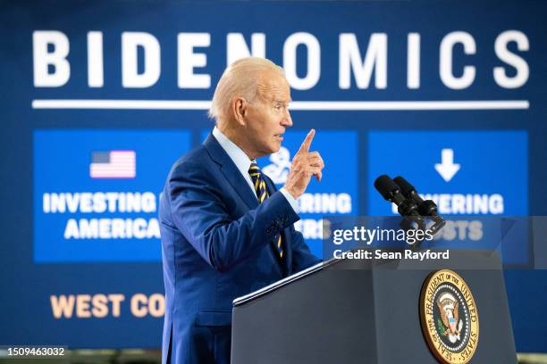 President Joe Biden speaks about his economic plan at the Flex LTD manufacturing plant on July 6, 2023 in West Columbia, South Carolina. The...