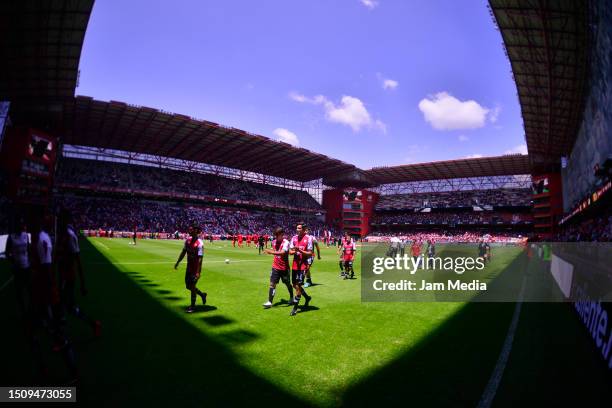 Players of Necaxa warm up prior to the 1st round match between Toluca and Necaxa as part of the Torneo Apertura 2023 Liga MX at Nemesio Diez Stadium...