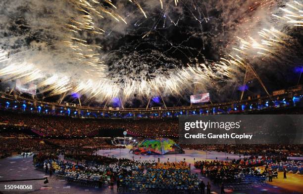 Fireworks light up the stadium during the Opening Ceremony of the London 2012 Paralympics at the Olympic Stadium on August 29, 2012 in London,...