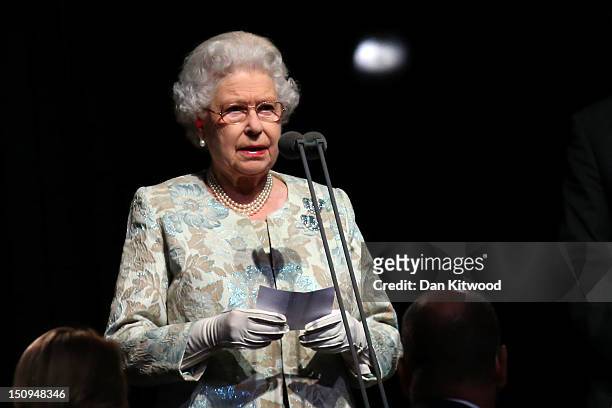 Queen Elizabeth II delcares the games open during the Opening Ceremony of the London 2012 Paralympics at the Olympic Stadium on August 29, 2012 in...