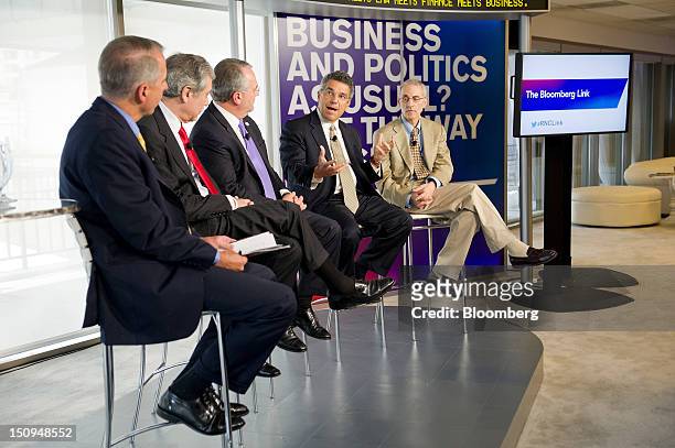 Michael Riley, reporter for Bloomberg, from left, Carlos Gutierrez, former U.S. Secretary of commerce, Jack Gerard, chief executive officer of the...