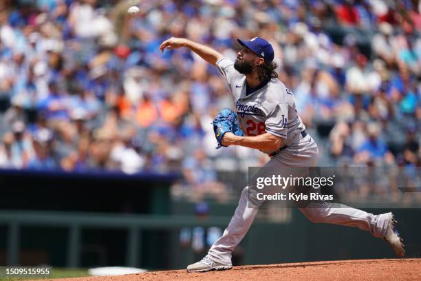 Tony Gonsolin of the Los Angeles Dodgers pitches during the first inning against the Kansas City Royals at Kauffman Stadium on July 02, 2023 in...