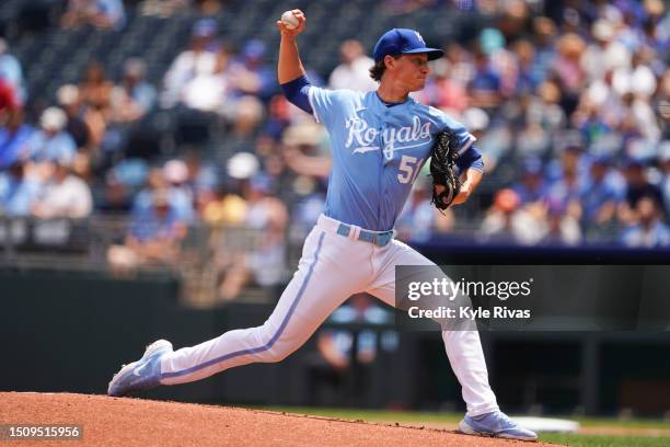 Brady Singer of the Kansas City Royals pitches during the first inning against the Los Angeles Dodgers at Kauffman Stadium on July 02, 2023 in Kansas...