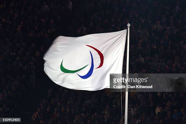 The Paralympic flag is raised during the Opening Ceremony of the London 2012 Paralympics at the Olympic Stadium on August 29, 2012 in London, England.