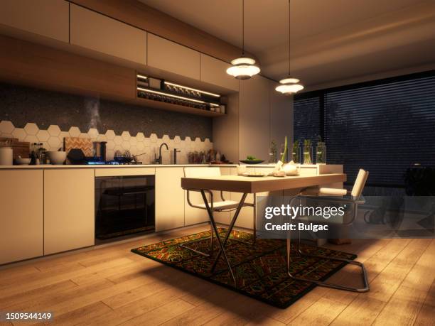 cozy and modern domestic kitchen - dark kitchen stock pictures, royalty-free photos & images