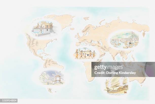 illustration of colonial settlements at elmina slave fort, canton harbour in china, east india companies, spanish windmill in potsoi bolivia, and french fort along st lawrence river, quebec - 殖民地主義 幅插畫檔、美工圖案、卡通及圖標