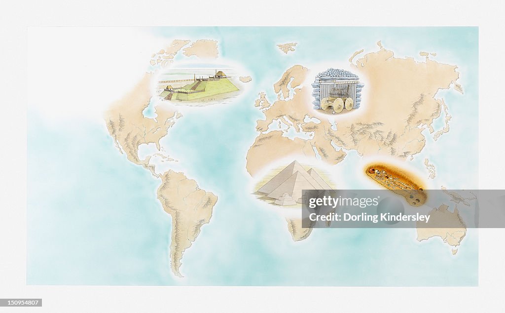 Illustration of monuments and burial structures at Lchashen underground burial chamber, Ban Na Di mound village, Pyramids at Giza, and Monk's Mound at Cahokia