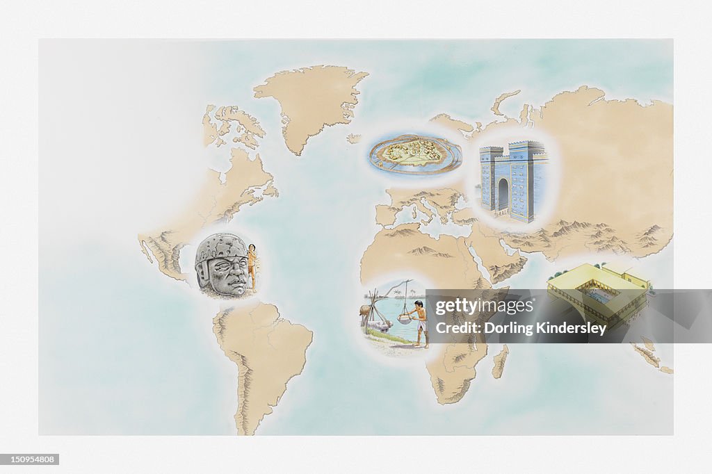 Illustration showing the first cities around the world at Wasserburg Bachau, Babylon, Mohenjo-daro, Shadoof irrigation, and the Olmecs' La Venta