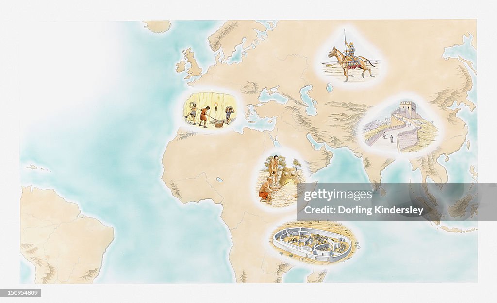 Illustration of Scythian Horsemen, Great Wall of China, Great Zimbabwe, Buhuya iron-working furnace, and Hallstatt Iron age societies around the world