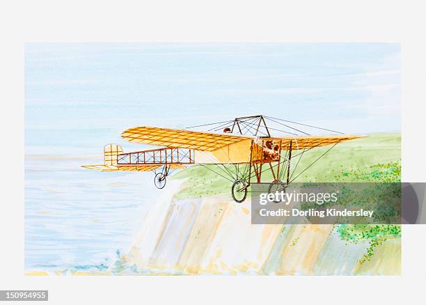 ilustrações de stock, clip art, desenhos animados e ícones de illustration of louis bleriot in his aircraft bleriot xi, crossing the english channel, 1909 - 1909