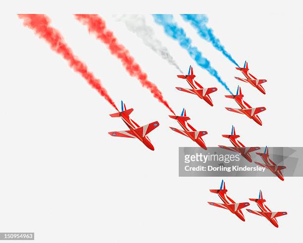 illustration of red arrow planes flying in formation - vapor trail stock illustrations