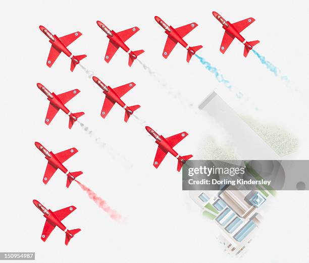 illustration of red arrow planes flying in formation - red arrows stock illustrations