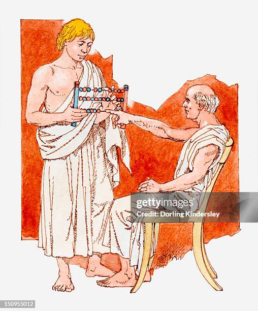 illustration of ancient greek teacher and student with abacus - abacus stock illustrations