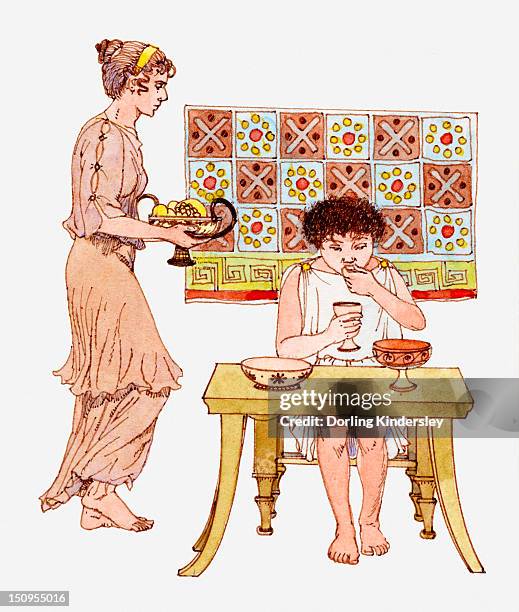 ilustraciones, imágenes clip art, dibujos animados e iconos de stock de illustration of ancient greek boy sitting at table eating, slave girl bringing him food - grecia antigua